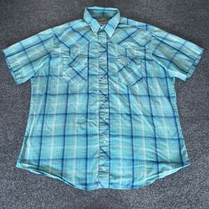 Wrangler Western Shirt‎ Mens XL Blue Plaid Short Sleeve Cowboy Rodeo Pearl Snap